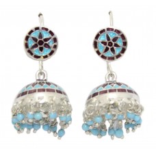 Earrings Enamel Jhumki Dangle Sterling Silver 925 Blue Beads Traditional C6